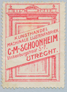 711422 Sluitzegel van C.M. Schoonheim, Kunsthandel, Machinale Lijstenfabriek, Vinkenburgstraat 3-7 te Utrecht.